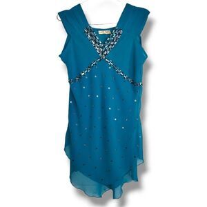 Mimi Singh Womens Dress Sz Small Turquoise Silk‎ Chiffon Beaded Asymmetrical Hem